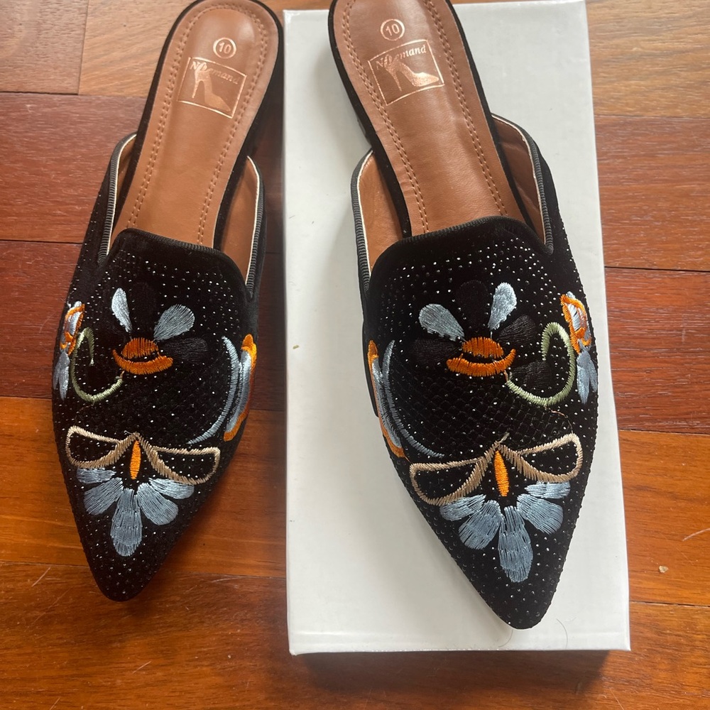 Embroidered Black Mules